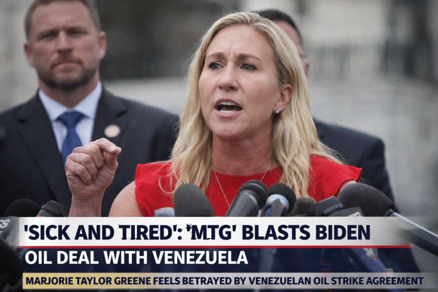 U.S. Congresswoman Marjorie Taylor Greene speaks angrily at a press conference, standing behind several microphones and raising her hand as she criticises the Biden administration over Venezuela policy, with aides visible